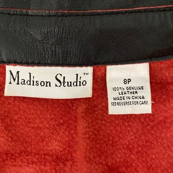 Madison Studio Black with Red Pin Stripe Leather Womens Jacket Size 8P - Picture 10 of 12
